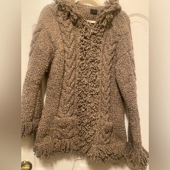 Native American Taupe Wool Chunky Zip Cardigan Sweater Fringe Boho Hippie Hood - Picture 1 of 9